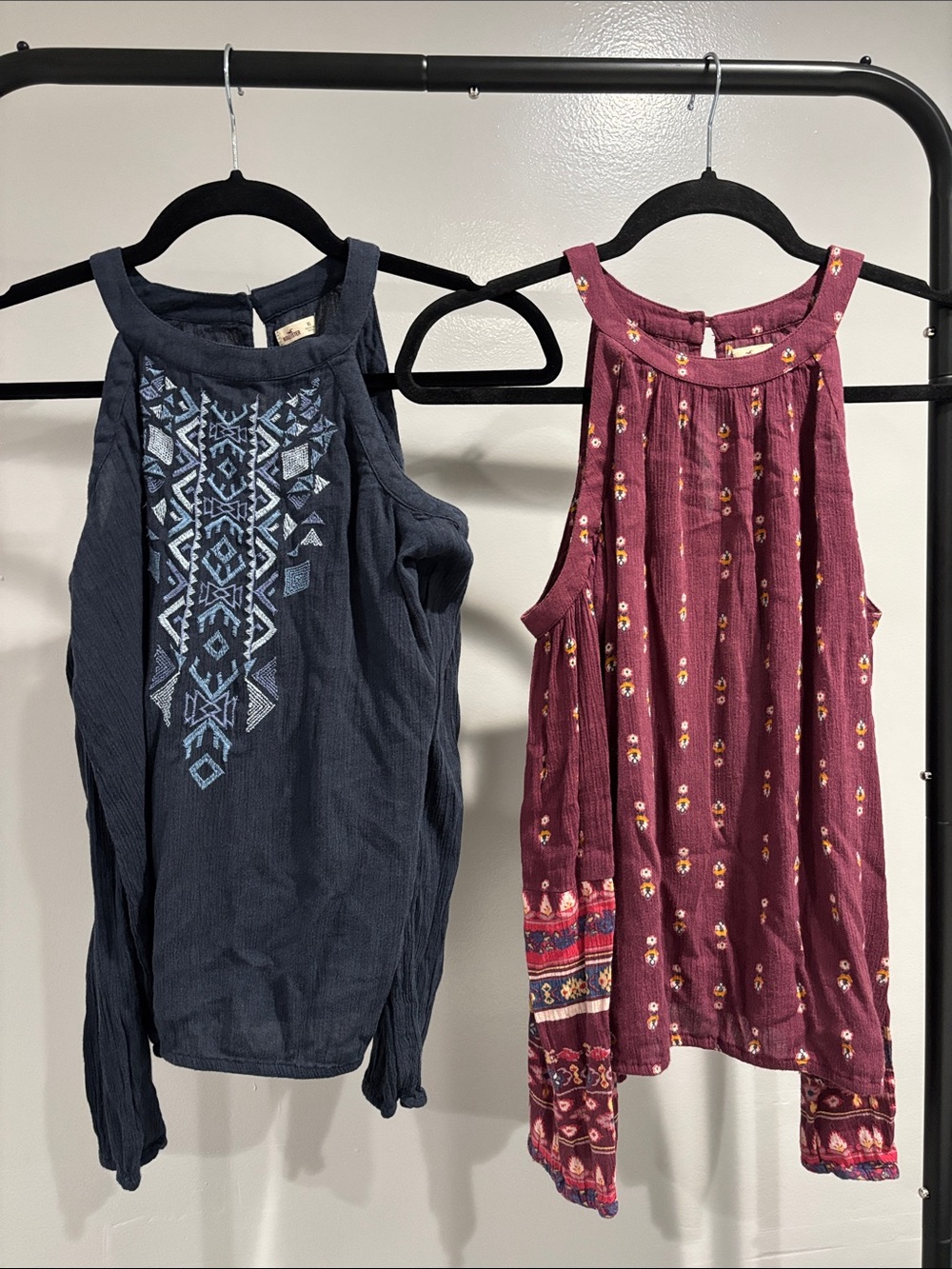 2 Hollister Boho Embroidered Off Shoulder sweaters Top - Navy or Burgundy